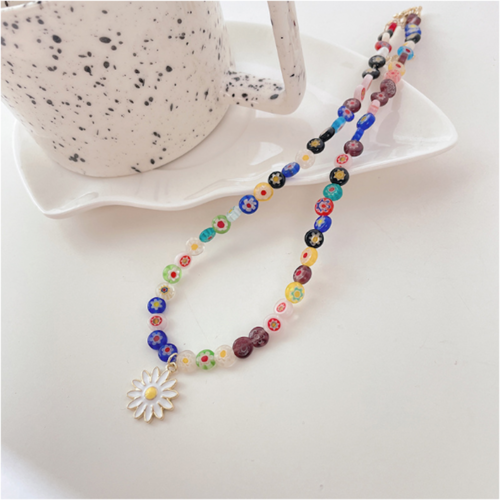 Womens Rainbow Beaded Necklace With Daisy Pendant